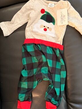 Ann Loren Cream Santa Top with Green & Black Plaid Pants and Red Trim